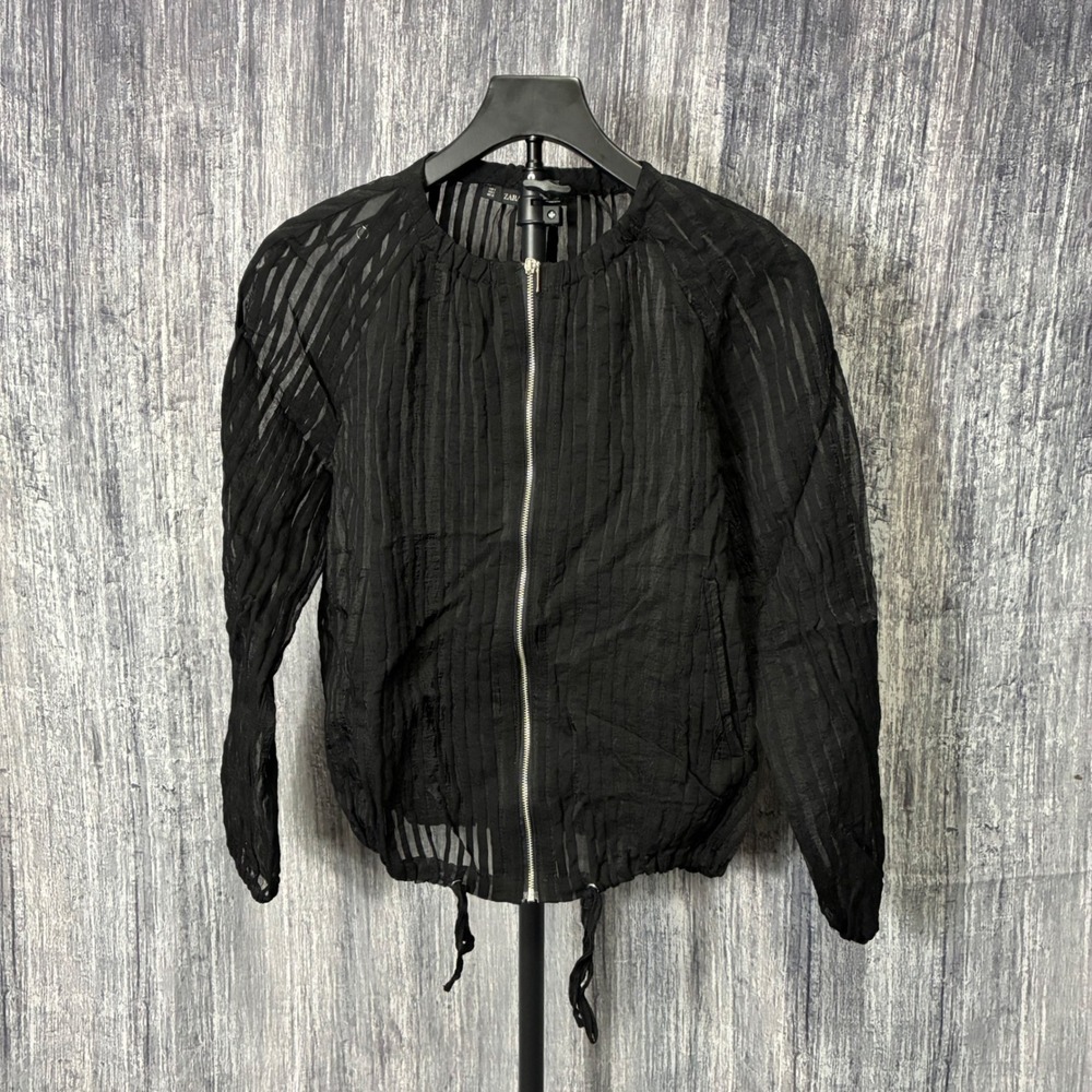 Zara Basics Zip Up Black Bomber Sheer Jacket Tied Waist‎ Size S